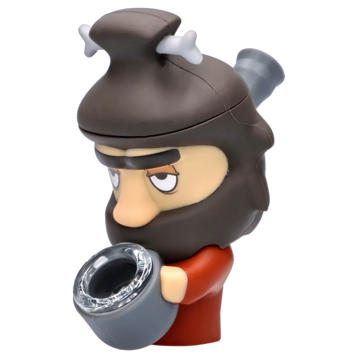 Three-quarter view of the DHC Originals Caveman Silipipe figurine showing a brown-haired caveman head with a white bone through his hair and a gray bowl held in his hands.