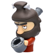 Three-quarter view of the DHC Originals Caveman Silipipe figurine showing a brown-haired caveman head with a white bone through his hair and a gray bowl held in his hands.