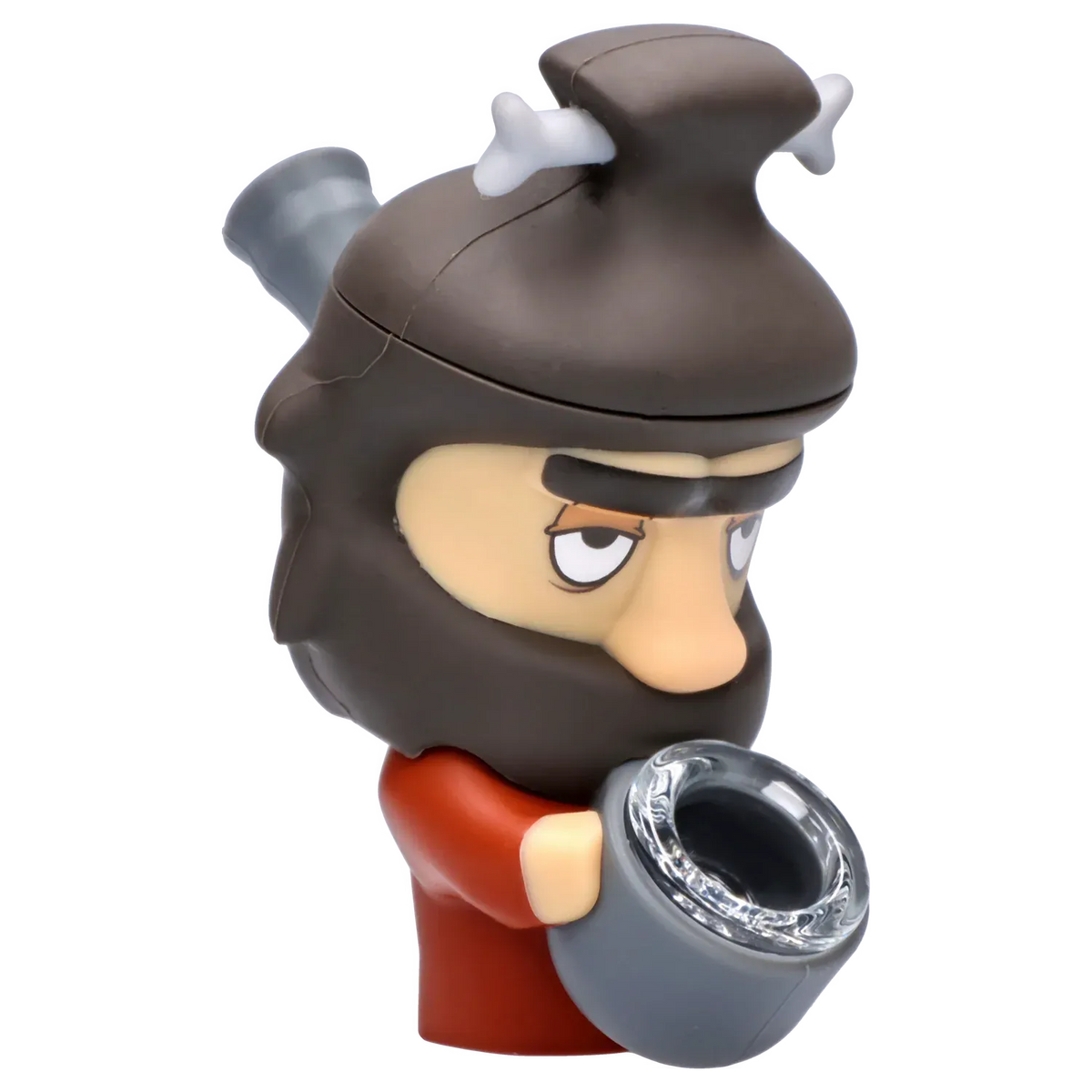 Three-quarter view of the DHC Originals Caveman Silipipe showing a brown helmeted caveman face with a white bone through the top and a gray bowl held in its hands