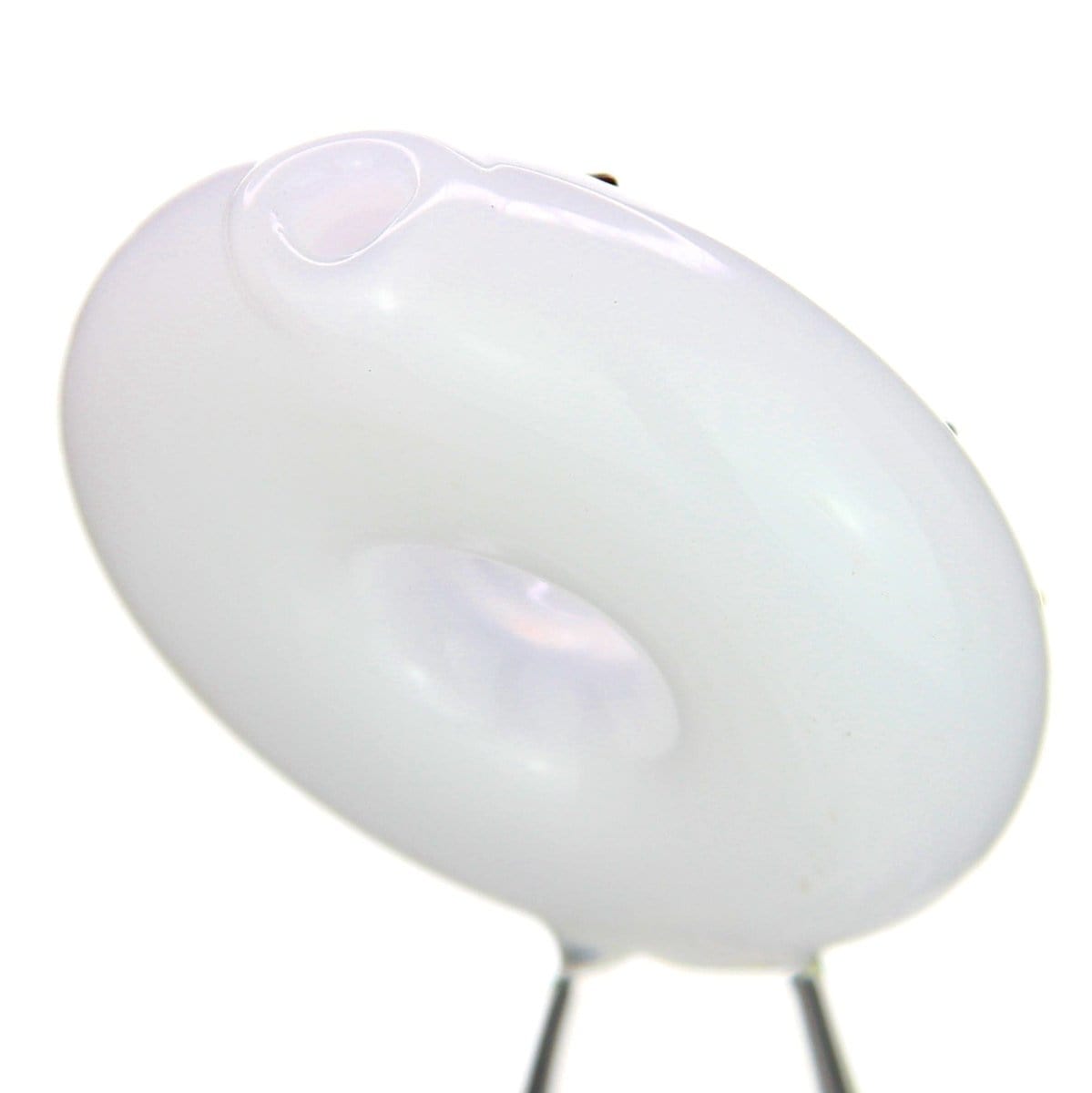 A close-up, angled view of the DHC Originals "Frosted Donut" Bong, showing its smooth, opaque white glass construction.
