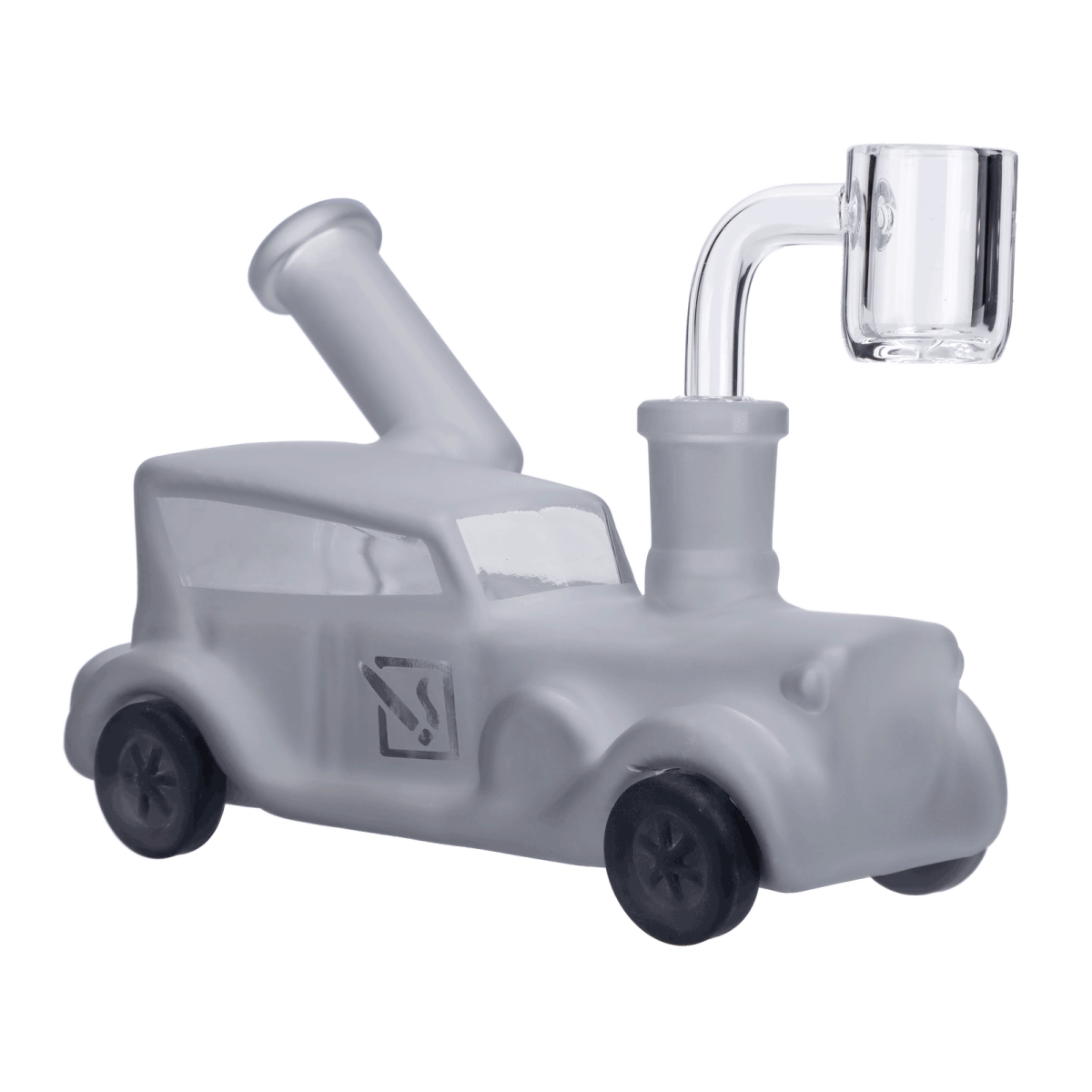Front view of the Mobster Car Bong, a whimsical glass piece shaped like a vintage car with a clear finish.