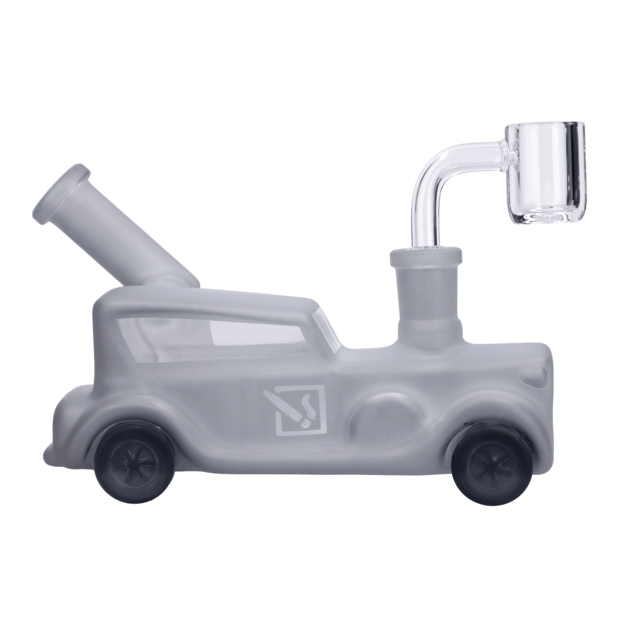 Front view of the Mobster Car Bong, a glass water pipe shaped like a classic car with a clear design.