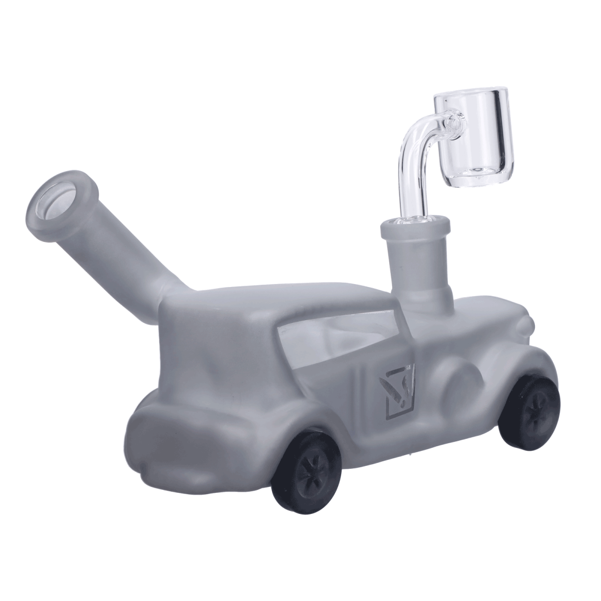 Front view of the Mobster Car Bong, a clear glass water pipe shaped like a vintage car with visible wheels and a curved neck.