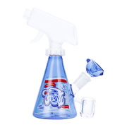 A studio shot of the Spray Bottle Bong, showcasing its clear glass construction and unique spray bottle shape.
