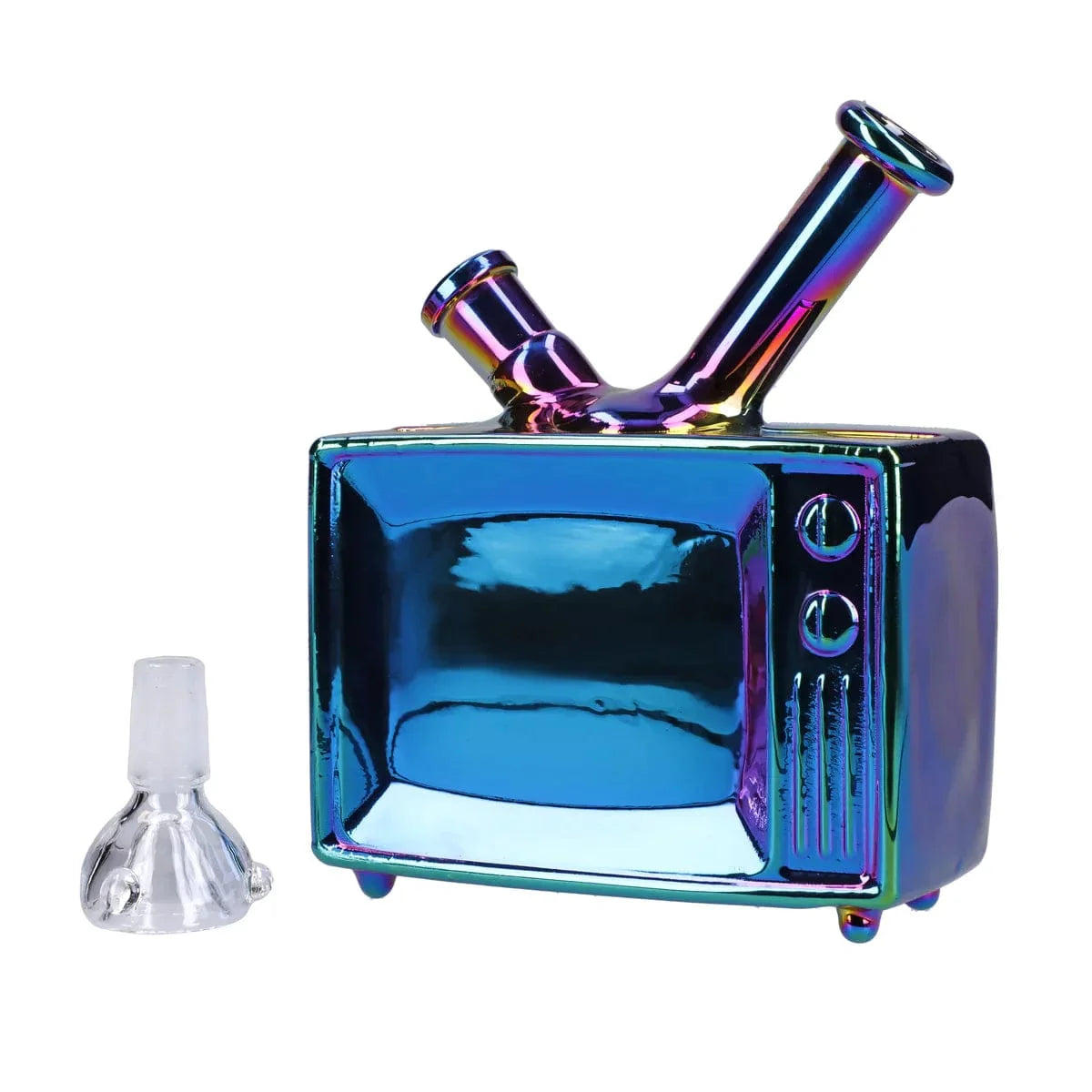A front view of the DHC Originals TV Bong, showcasing its unique television-shaped design in vibrant blue glass.