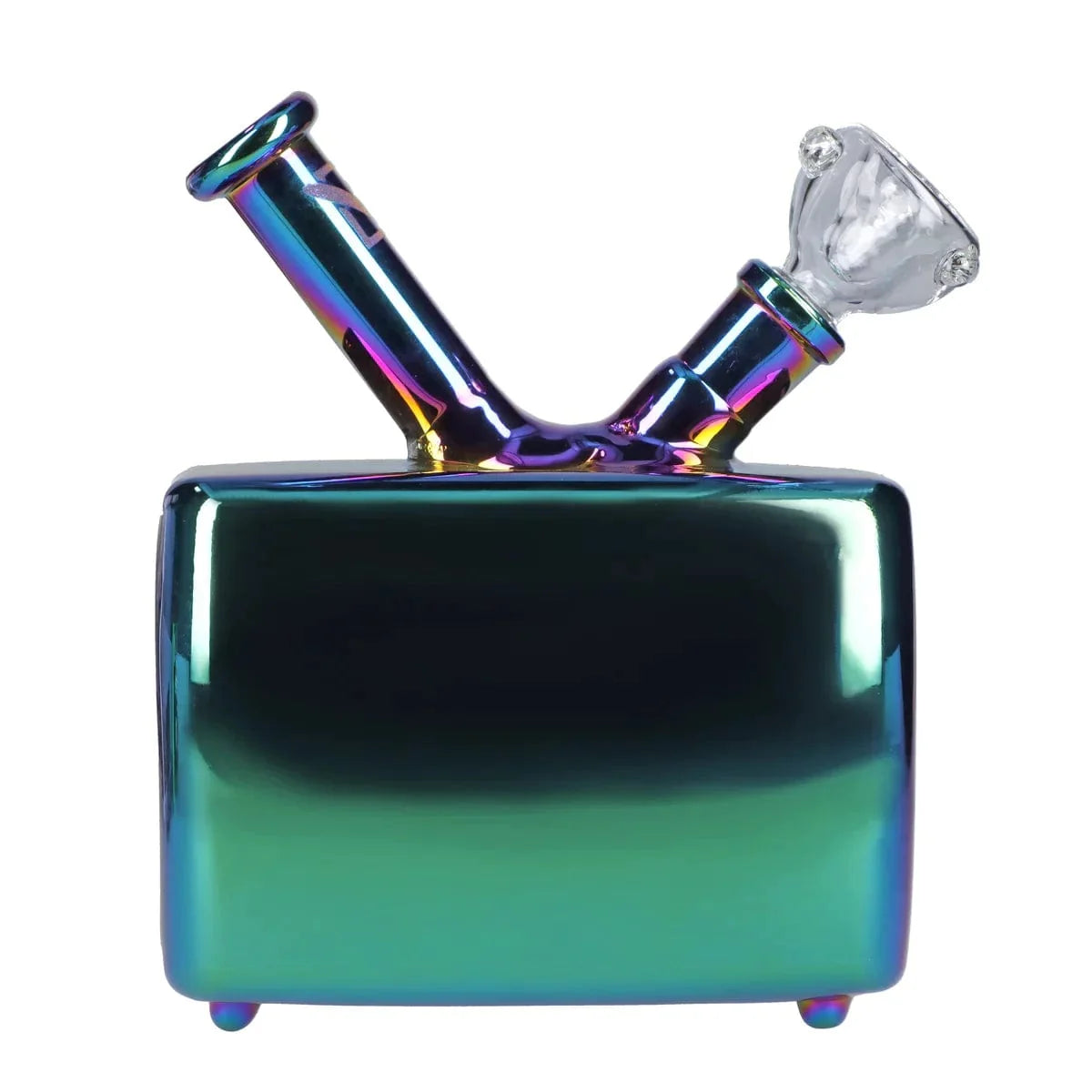 Front view of the DHC Originals TV Bong, a colorful glass piece with a rounded base and a flared mouthpiece.