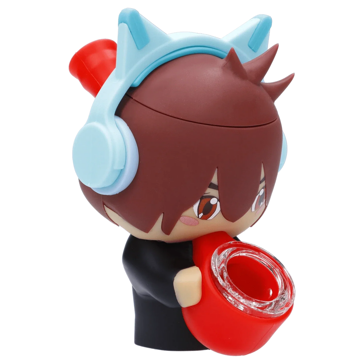 Three-quarter view of the Gamer Silipipe character figurine with brown hair, blue cat-ear headphones, and a red glass pipe held at the front.