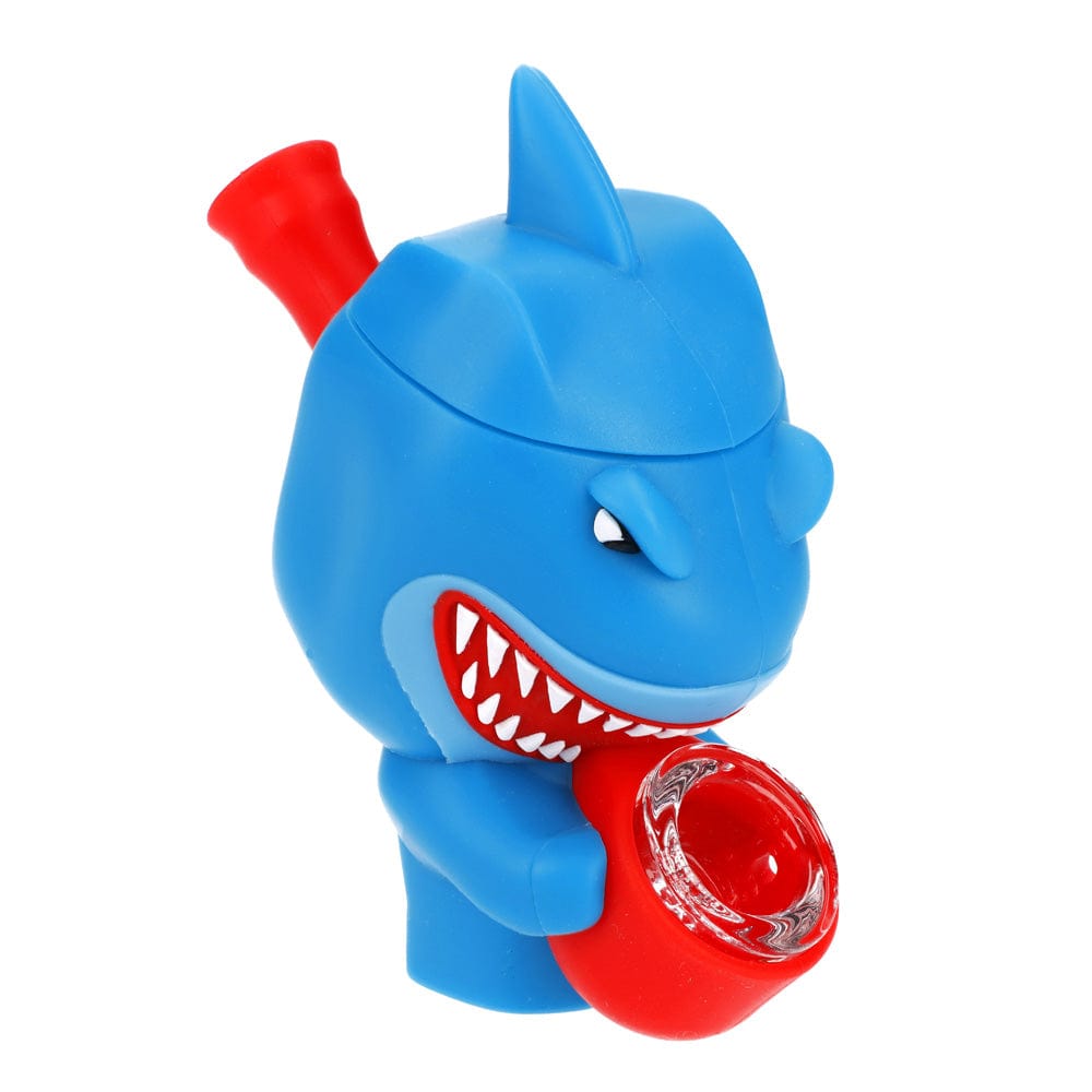 A close-up, angled view of the Shark Silipipe, showcasing its colorful, sculpted design with a red mouthpiece.
