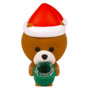 Front-facing close-up of the Teddy Bear Silipipe showing a brown bear with a red-and-white Santa hat holding a green bowl.