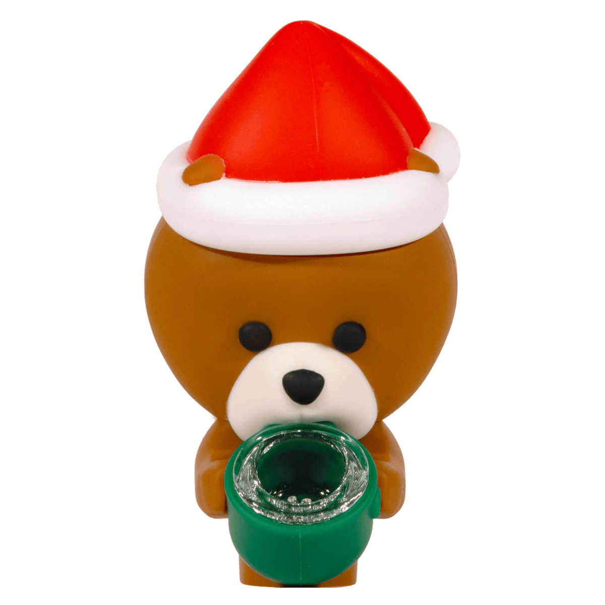 Front-facing close-up of the Teddy Bear Silipipe showing a brown bear with a red-and-white Santa hat holding a green bowl.