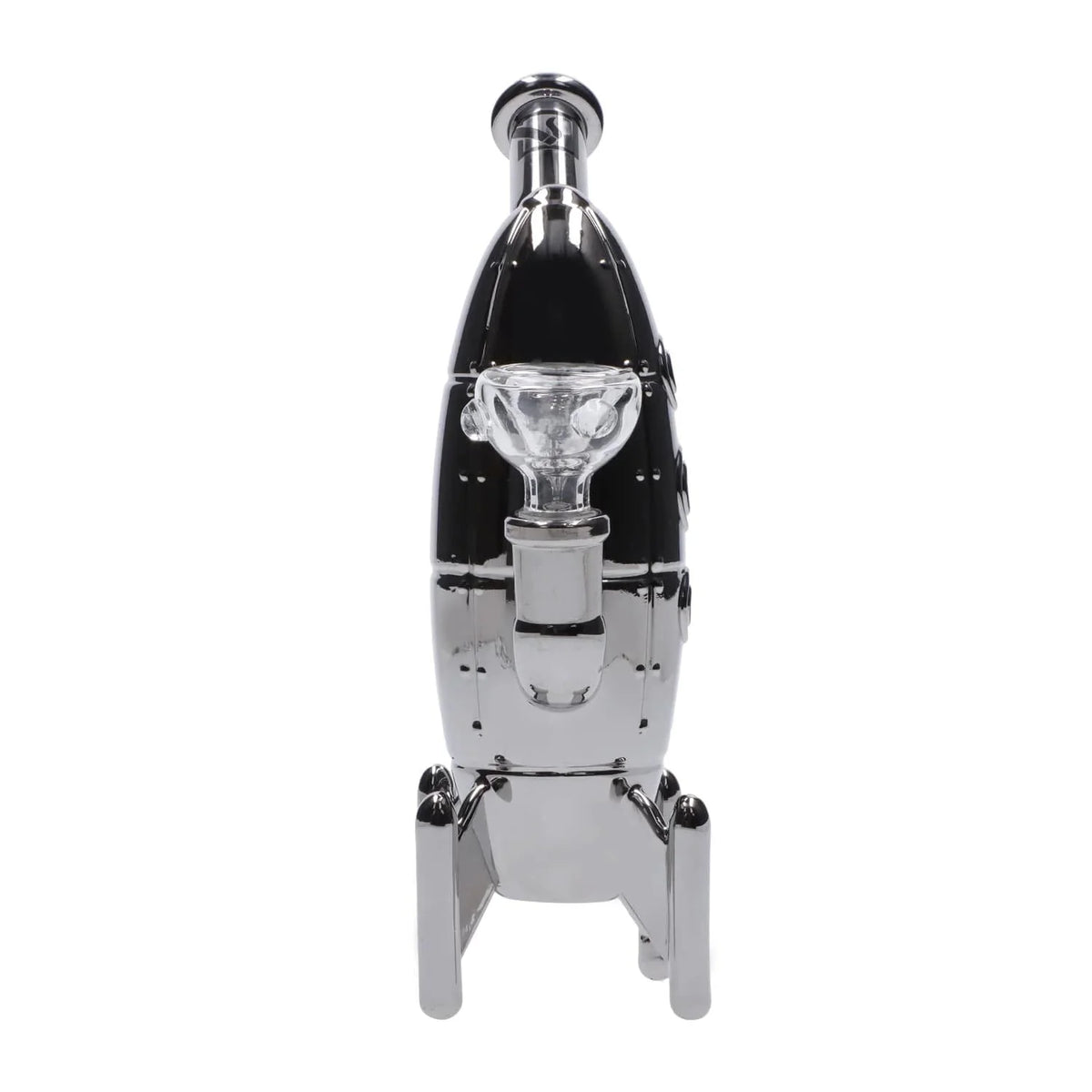 A front view of the DHC Originals March 2024 Silver Rocket Bong, showcasing its sleek, silver design and unique rocket shape.