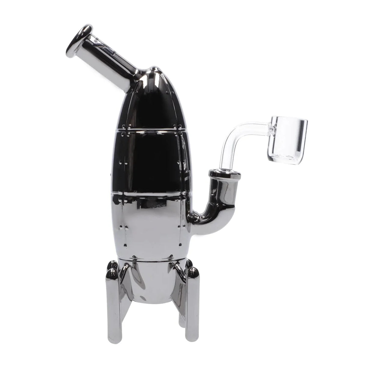 A three-quarter view of the DHC Originals March 2024 Silver Rocket Bong, displaying its metallic, rocket-shaped design against a plain white background.
