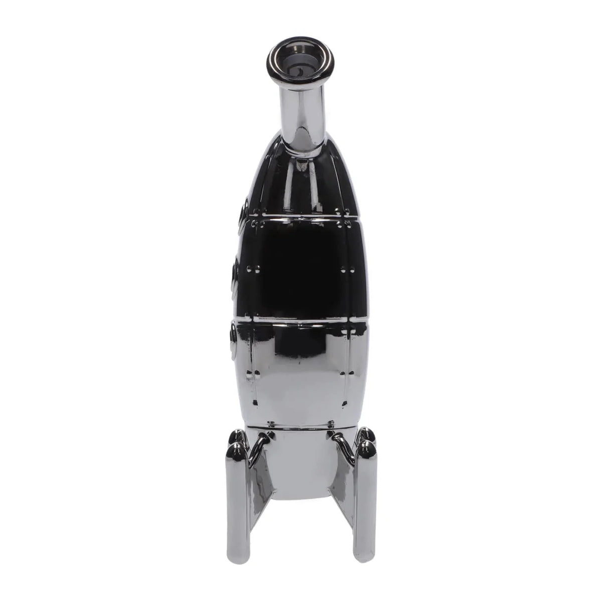 Front view of the DHC Originals March 2024 Silver Rocket Bong, a metallic water pipe styled as a rocket.