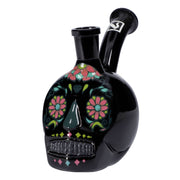 Front view of the DHC Originals October 2023 Black Skull Bong, showcasing a detailed black skull design on clear glass.
