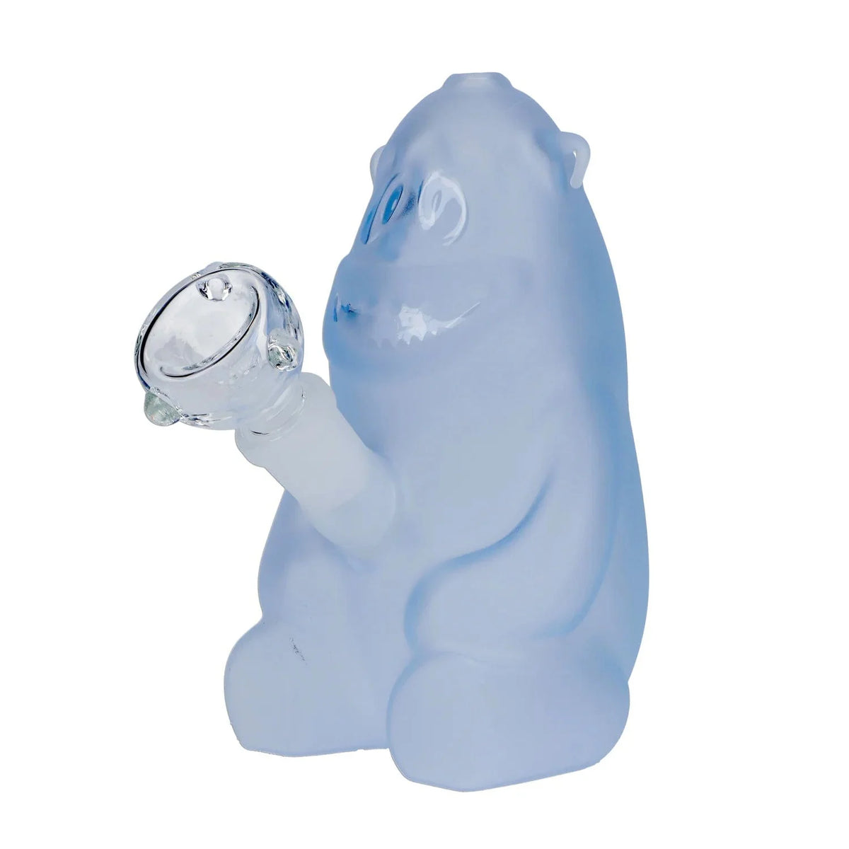 A front view of the DHC Originals Yeti Bong 🐻, a white ceramic water pipe shaped like a cartoonish bear.