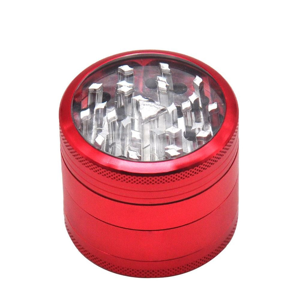 Metal Herb Grinder with Pollen Screen and Magnetic Window Lid | 48mm | Red
