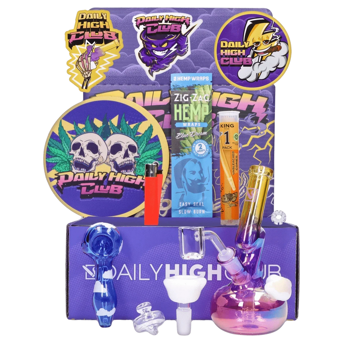Front view of the "Thunderstruck" Smoking Box showing colorful purple packaging, stickers, a red lighter, hemp wrap pack, and a small iridescent glass rig.