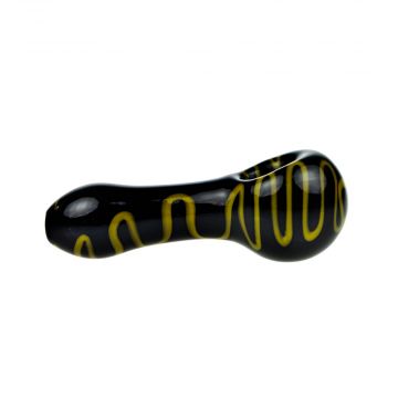 G-Spot Glass Spoon Pipe - Black Glass with Dark Yellow Zig-Zag Stripes - Side view 1