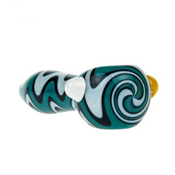 G-Spot Glass Spoon Pipe - White with Wavy Stripes and Color Carb