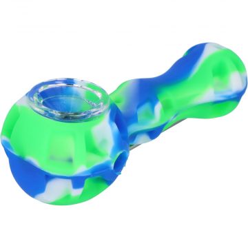 Silicone 2 in 1 Pipe with Metal Dab Tool | Random Color | Green/Blue | side view 1