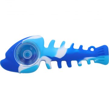 Silicone Fish Bone Hand Pipe with Glass Bowl  | Blue  | side view 1